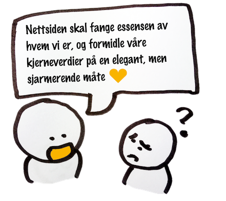 Kunde og designer snakker sammen. Kunde sier: "Nettsiden skal fange essensen av hvem vi er, og formidle våre kjerneverdier på en elegant, men sjarmerende måte". Illustrasjon.