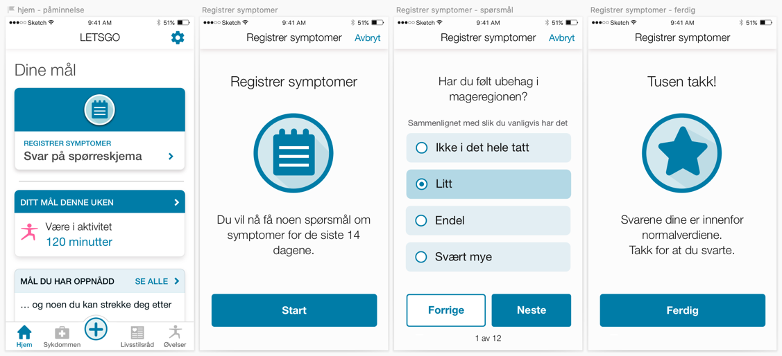 Registrer symptomer: Pasienten får regelmessig en påminnelse om å fylle ut spørreskjemaet. Påminnelsen kommer også som push-melding, men i en “anonymisert” form som ikke røper hva det dreier seg om, for å ivareta personvernet i tilfeller hvor pasien…