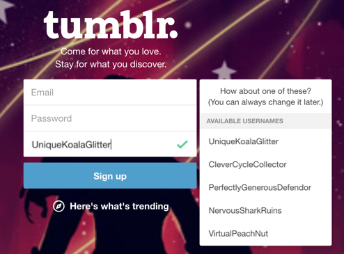 Tumblr hjelper brukeren med å fylle ut brukernavn-feltet.